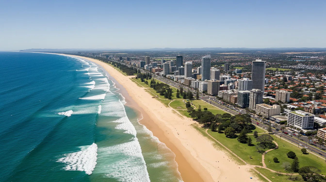 An aerial view of a vibrant Australian coastal city showcases stunning beaches and the blue ocean, bordered by lush green parkland. This picturesque scene highlights the natural beauty and relaxed lifestyle that many Australian cities, like the Gold Coast, are known for, making them ideal places to live in Australia.