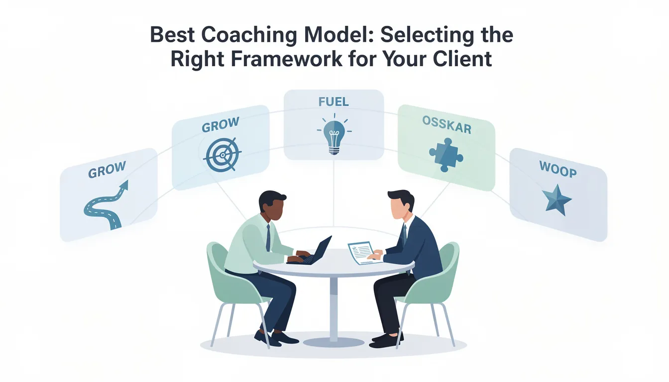 The image depicts a diverse group of coaches engaged in a collaborative discussion about various coaching models, including the GROW, FUEL, and OSKAR models, highlighting the importance of selecting the right coaching framework for effective coaching sessions. This scene emphasizes the coaching process focused on personal and professional growth, showcasing how different coaching styles can support clients in achieving their desired outcomes.