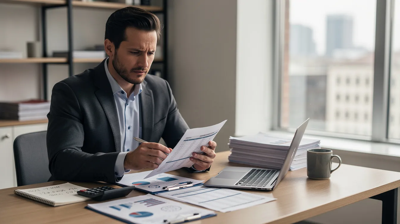 A business professional is seated at a desk, meticulously reviewing financial documents and using a calculator, likely assessing eligible expenses for the employee retention credit (ERC) or preparing to file tax returns. The scene highlights the importance of accurate documentation and guidance from tax professionals for maximizing benefits for small businesses.