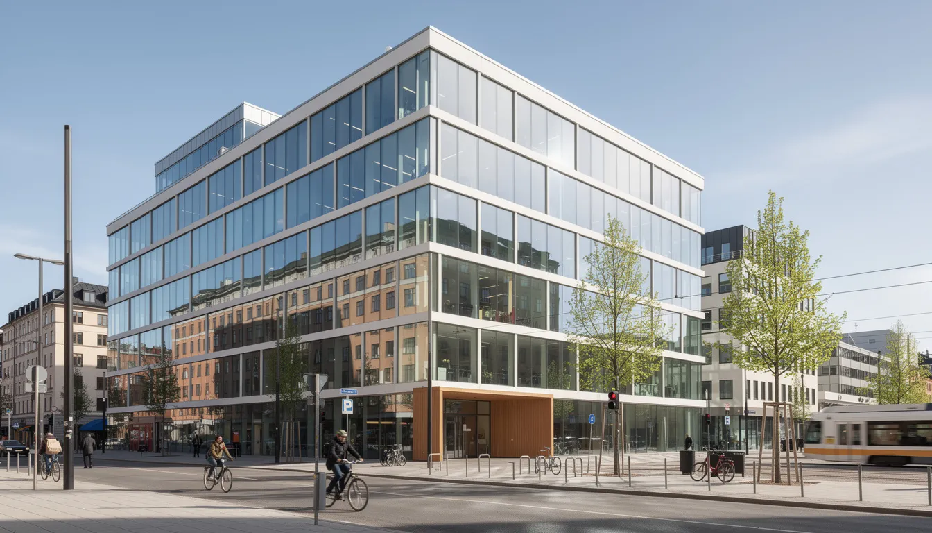 En modern skandinavisk kontorsbyggnad i Stockholm med glasfasader omges av en urban miljö. Byggnaden har en stilren design som reflekterar det moderna stadslandskapet.