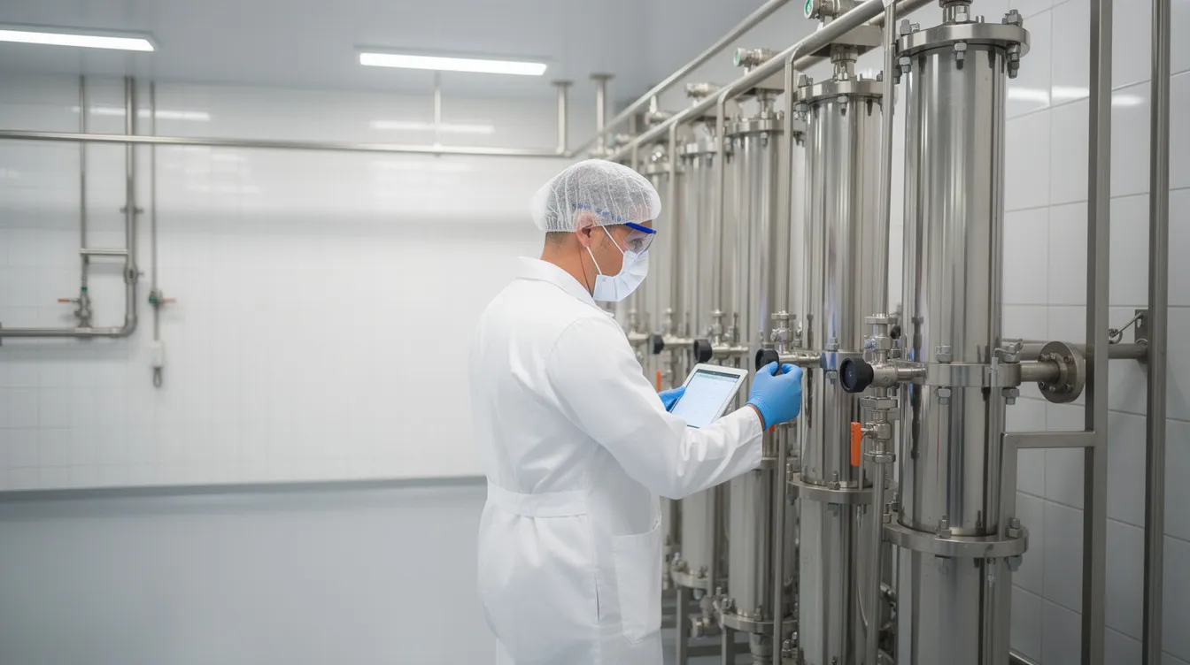 6e1442a5 37ad 41e6 9bbf 290f728b074d A worker in white protective clothing is inspecting stainless steel membrane filtration modules in a clean dairy processing room, ensuring quality control in the whey protein production process. This meticulous inspection is crucial for maintaining the standards necessary for high-quality whey protein concentrate and other whey products in the manufacturing plant.