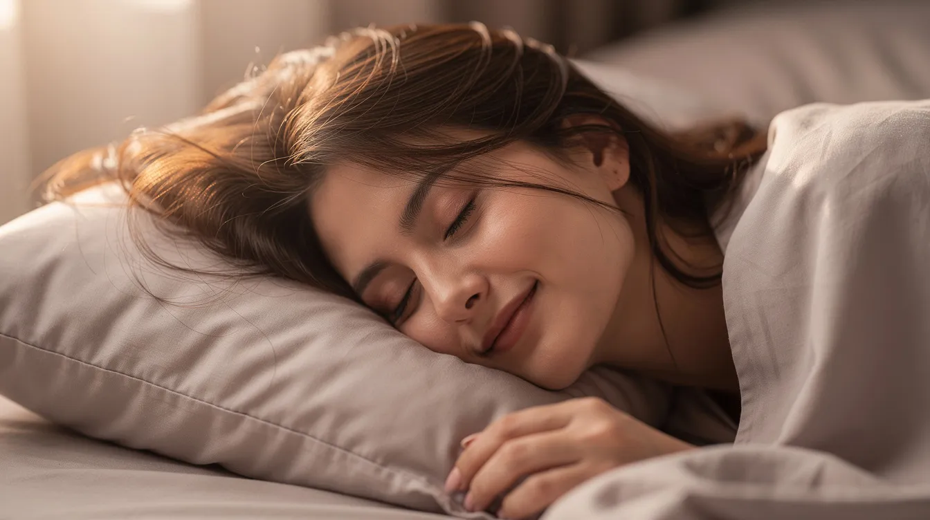 A person is sleeping peacefully on a smooth satin pillowcase, with their hair gently spread across the fabric. The satin weave helps to reduce friction, promoting hair health and minimizing sleep lines on the skin.