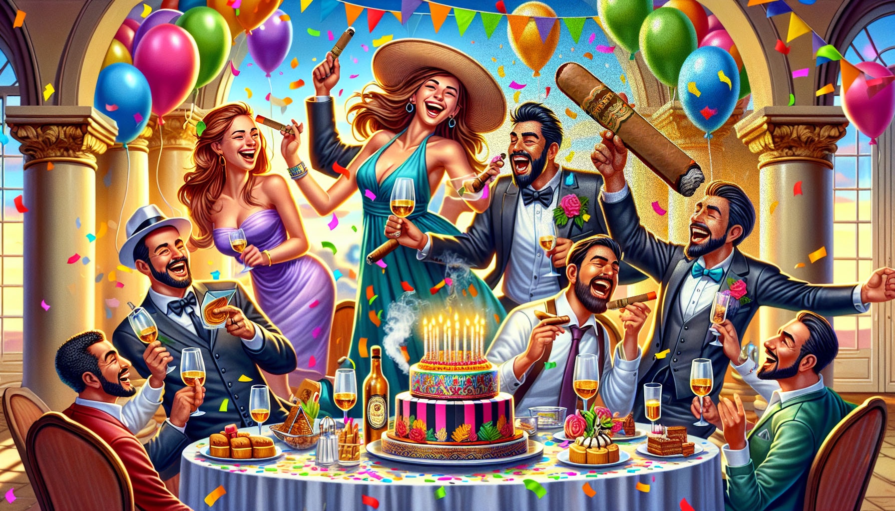 A cartoon depiction of a celebration featuring the Arturo Fuente Casa Fuente Pyramid No.2 cigar.