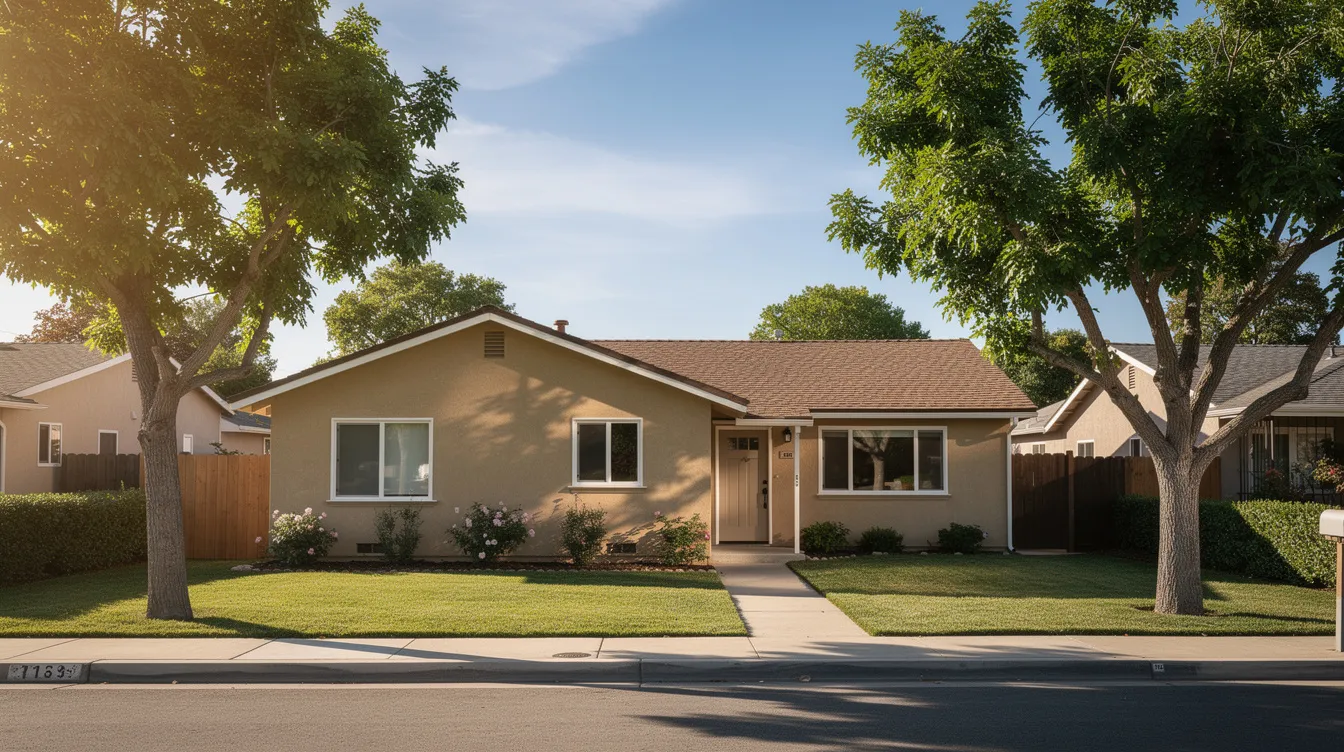 Una modesta casa de una sola planta en el sur de California cuenta con un pequeño jardín delantero con árboles maduros, que disfrutan de la luz del sol en un día despejado. Esta propiedad es ideal para compradores que pagan al contado y buscan una venta tal como está, sin necesidad de reparaciones importantes.