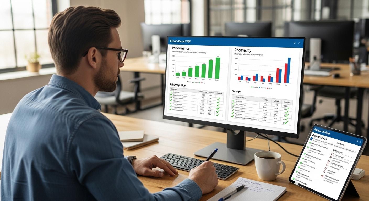 IT manager evaluating cloud-based VDI platforms with side-by-side comparisons of performance, pricing, and security features for a growing business.