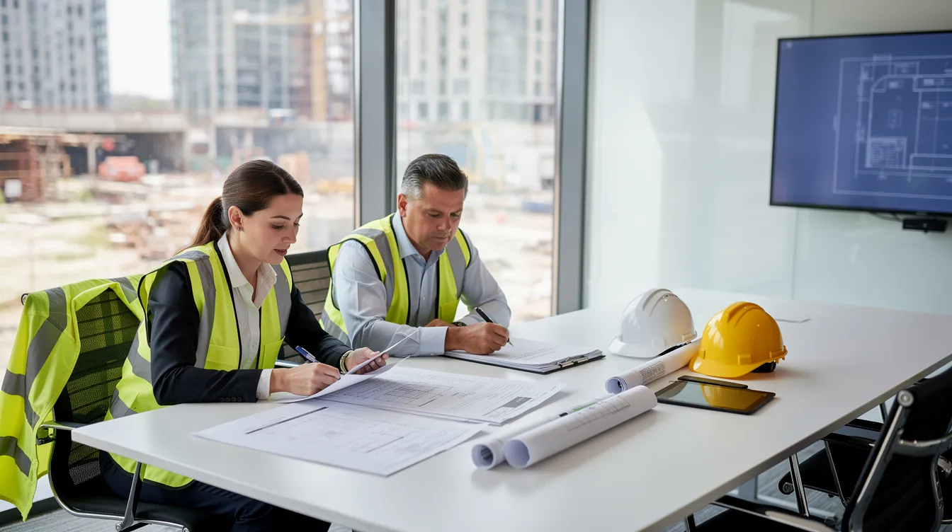 Two construction professionals, wearing hard hats, are seated at a conference table, intently reviewing contract documents and project plans. Their collaboration highlights key personnel roles and the importance of thorough evaluation in project management and construction contracts.