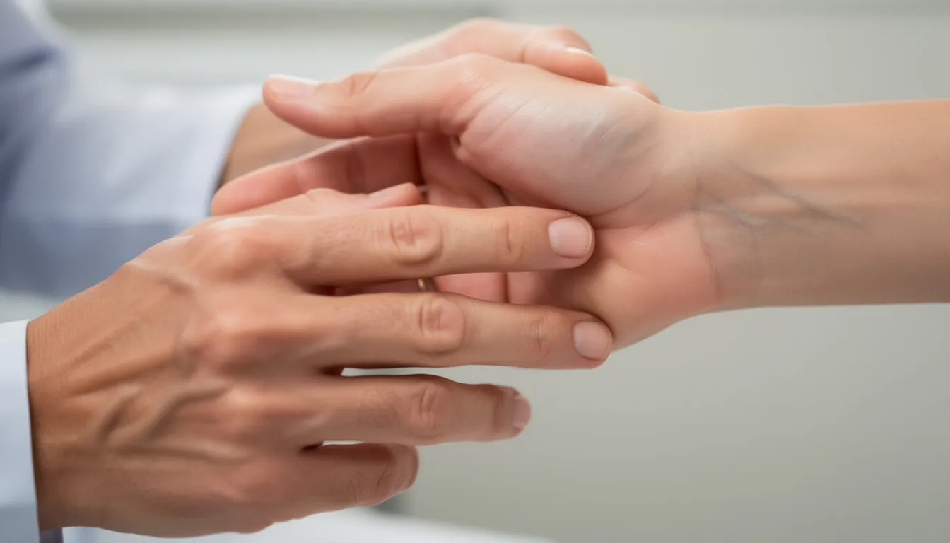 A close-up view of hands checking the pulse on a wrist, indicating improved circulation and overall cardiovascular health. This image highlights the benefits of sauna therapy, particularly infrared sauna sessions, in promoting increased blood flow and aiding the body's natural detox processes.