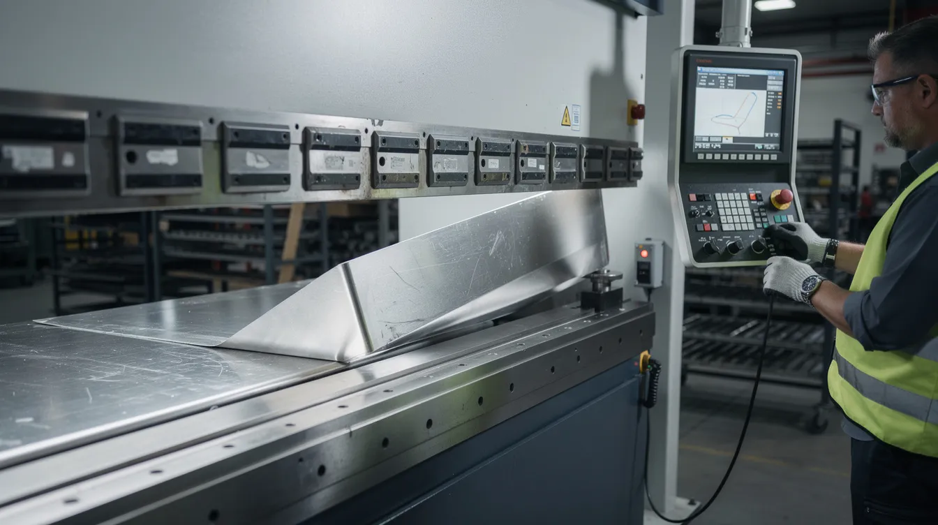 An industrial press brake machine is bending a stainless steel sheet as an operator monitors the CNC control panel, showcasing a key step in the sheet metal fabrication process. The scene highlights the precision involved in forming sheet metal into complex shapes, essential for creating durable and corrosion-resistant metal parts.