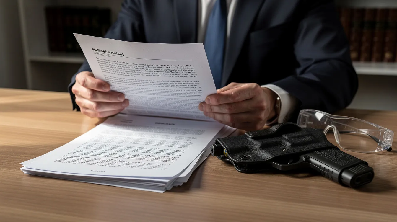 A person is seated at a table, reviewing legal papers next to a holstered handgun and a pair of safety glasses, highlighting the importance of understanding gun laws such as North Dakota's concealed carry regulations. The scene suggests a focus on responsible firearm ownership and the legal implications surrounding gun possession.