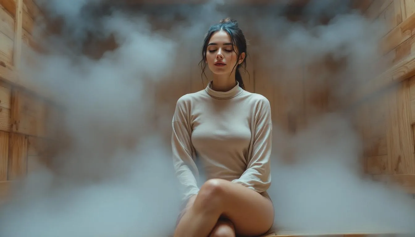 A woman is enjoying a relaxing sauna session in a traditional sauna, surrounded by warm wooden walls and soft ambient lighting. This personal retreat offers health benefits such as stress relief and muscle relaxation, enhancing her wellness routine.