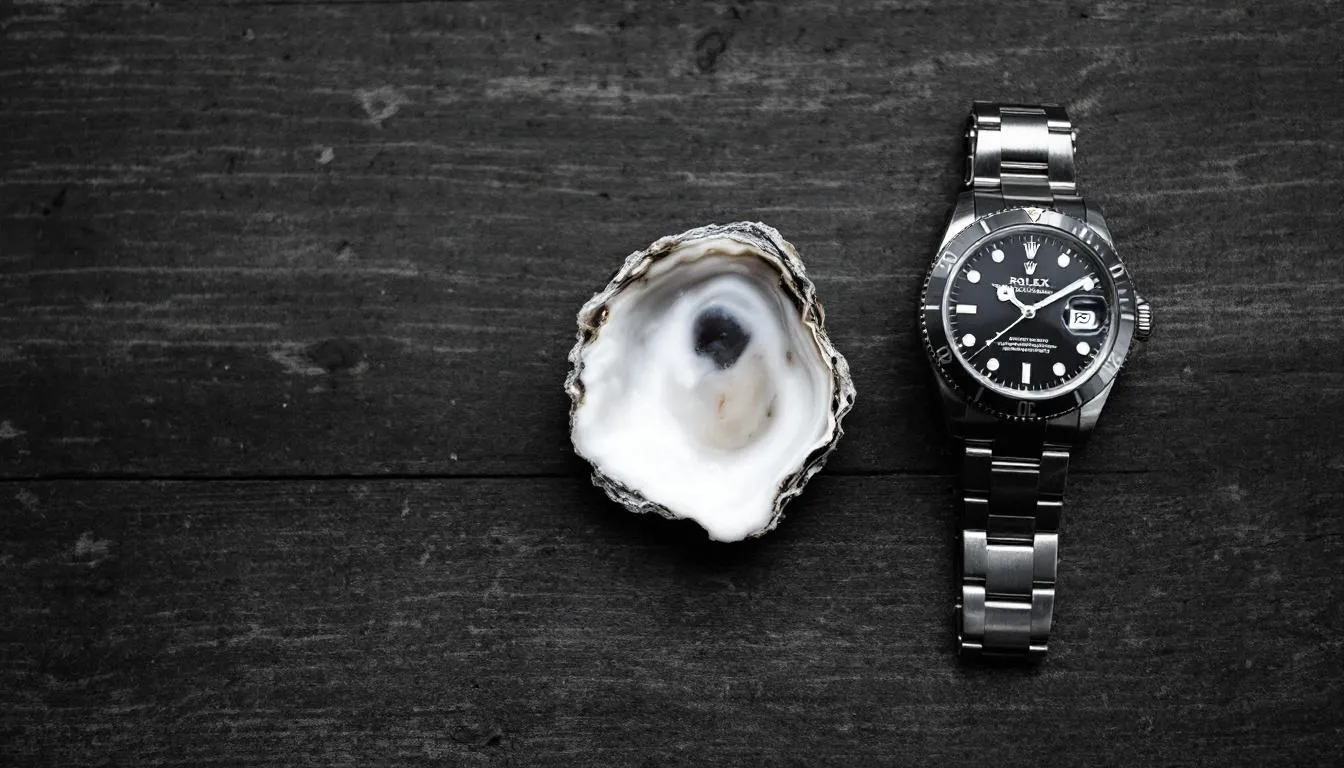 A vintage oyster shell rests beside a classic Rolex watch on a wooden surface, highlighting the elegance of the Rolex Oyster Perpetual, known for its waterproof oyster case and self-winding mechanism. The watch features a sleek silver dial, embodying the brand's reputation for quality and timeless design.