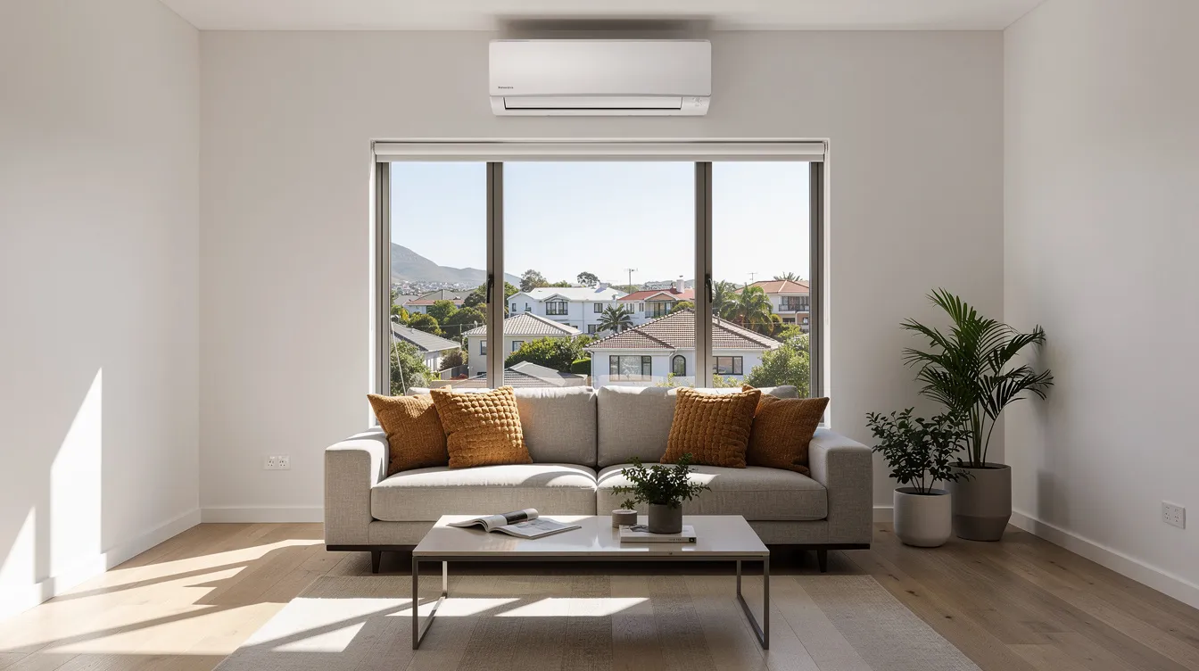 The image features a modern living room in a Cape Town home, showcasing a sleek wall-mounted inverter air conditioner installed above a window, allowing sunlight to stream in. This energy-efficient unit is designed for consistent cooling and quieter operation, enhancing the comfort of the space.