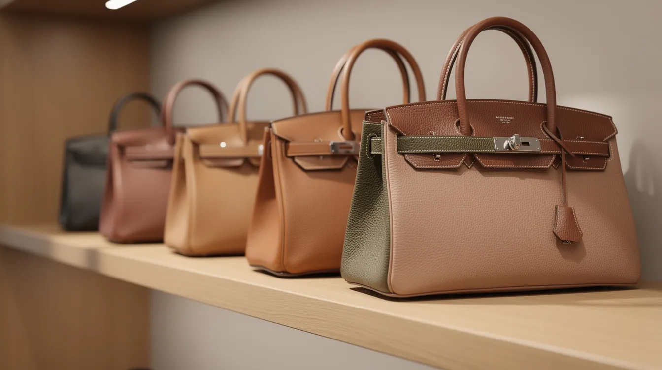 A row of luxury leather handbags in various earth-toned colors is elegantly displayed on a wooden shelf, showcasing designer brands like Louis Vuitton and Gucci. These pre-owned handbags highlight craftsmanship and style, making them iconic pieces for any fashion-forward wardrobe.