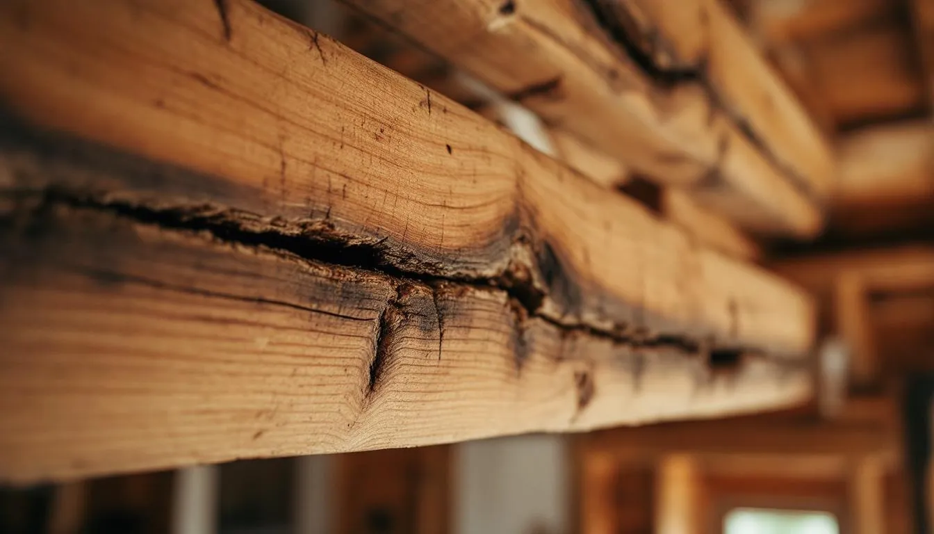 Visible gnaw marks on wooden beams, indicating wildlife activity in the home.