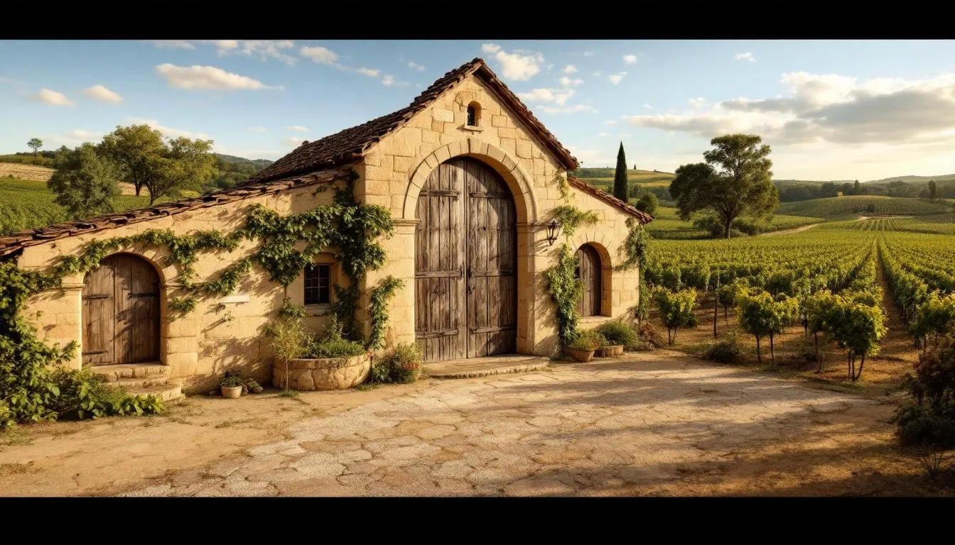 Das Bild zeigt ein historisches Weingut mit eindrucksvollen Sandsteinmauern, umgeben von üppigen Weinreben. Diese romantische Hochzeitslocation in der Region Stuttgart bietet eine malerische Kulisse für eine Traumhochzeit und eine unvergessliche Hochzeitsfeier.