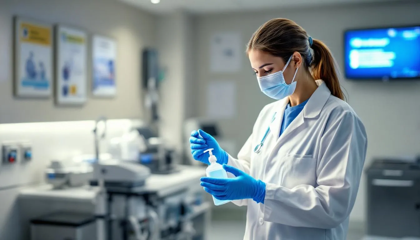 A healthcare worker is properly wearing a surgical mask while demonstrating infection control procedures, emphasizing the importance of preventing disease transmission through respiratory droplets. The image highlights the use of personal protective equipment in healthcare settings to safeguard against infectious diseases, including respiratory infections and airborne diseases.