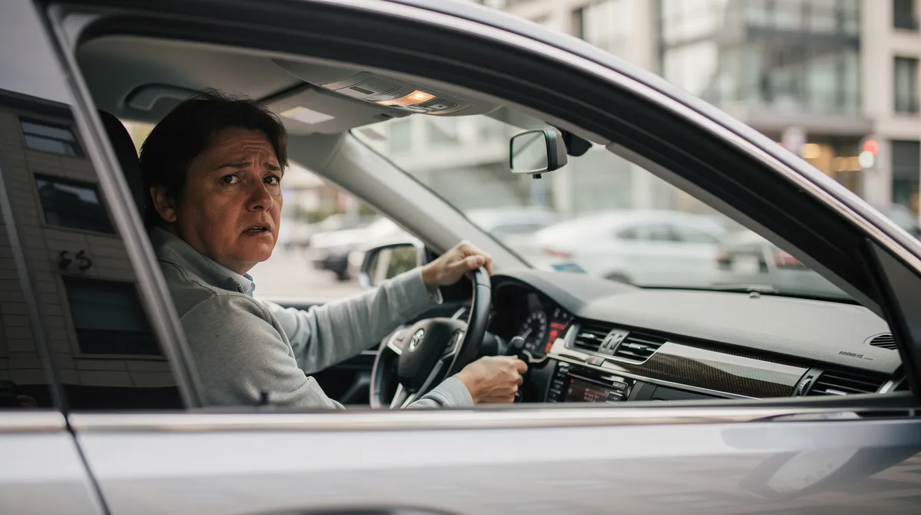 The image depicts a worried driver sitting in a parked car, likely contemplating the serious consequences of a potential DUI arrest under Tennessee's implied consent laws. The driver appears anxious, possibly considering the implications of refusing a chemical test or the automatic license suspension that could follow a DUI charge.