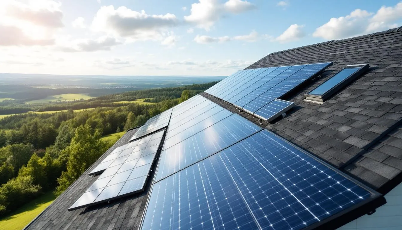 Des panneaux solaires sont installés sur le toit d'une maison résidentielle, avec un paysage pittoresque de la région d'Ottawa-Gatineau en arrière-plan. Cette installation représente une avancée dans l'utilisation de l'énergie solaire et des énergies renouvelables au Québec.