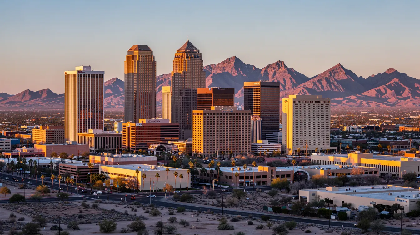 The image showcases the vibrant downtown skyline of Phoenix, Arizona, illuminated by the warm hues of golden hour, with majestic mountains rising in the background. This picturesque scene reflects the beauty of the Phoenix area, perfect for those exploring options for reliable auto transport services or considering vehicle shipment in the region.