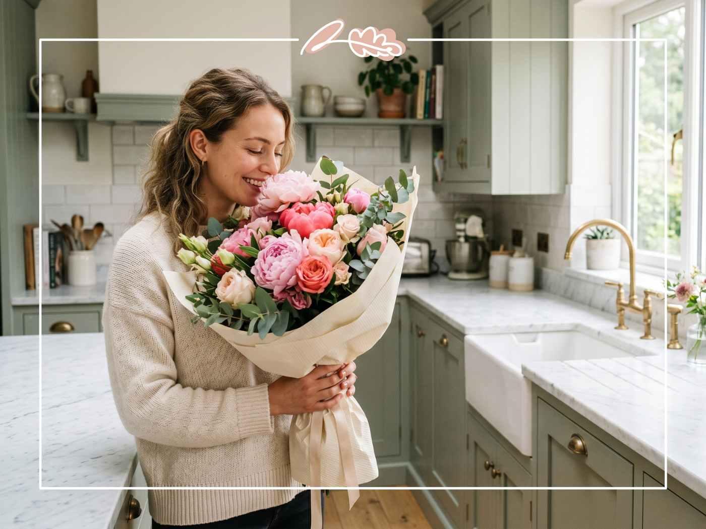 Woman smelling a peonies South Africa bouquet of pink and coral peonies hand-tied by Fabulous Flowers Cape Town florist