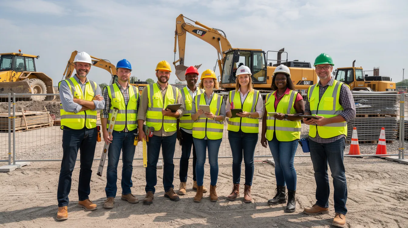 A diverse group of construction workers, wearing hard hats and safety vests, stands confidently near heavy equipment on a job site, showcasing the teamwork essential in the construction industry. This image reflects the workforce engaged in various construction projects, highlighting the demand for skilled labor in the overall economy.