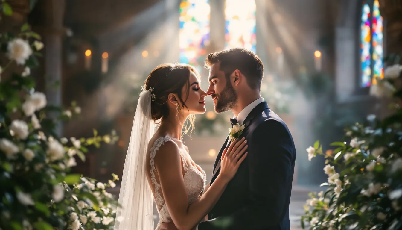 A wedding videographer capturing a couple's special moment during their ceremony.