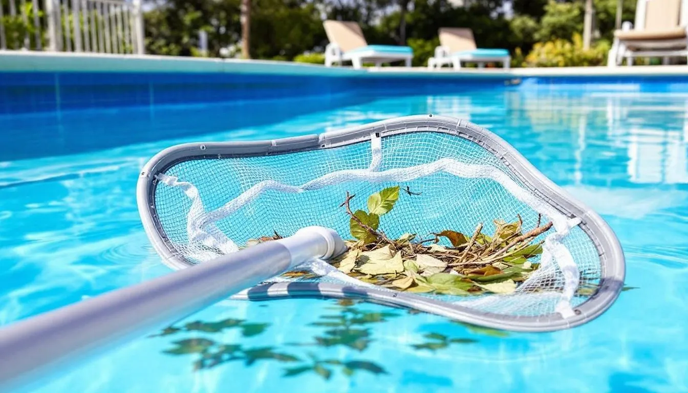 A pool skimmer net is being used to remove leaves and debris from the surface of green pool water, which may indicate algae growth. The action helps maintain the cleanliness of the swimming pool and supports the pool owner's care routine.