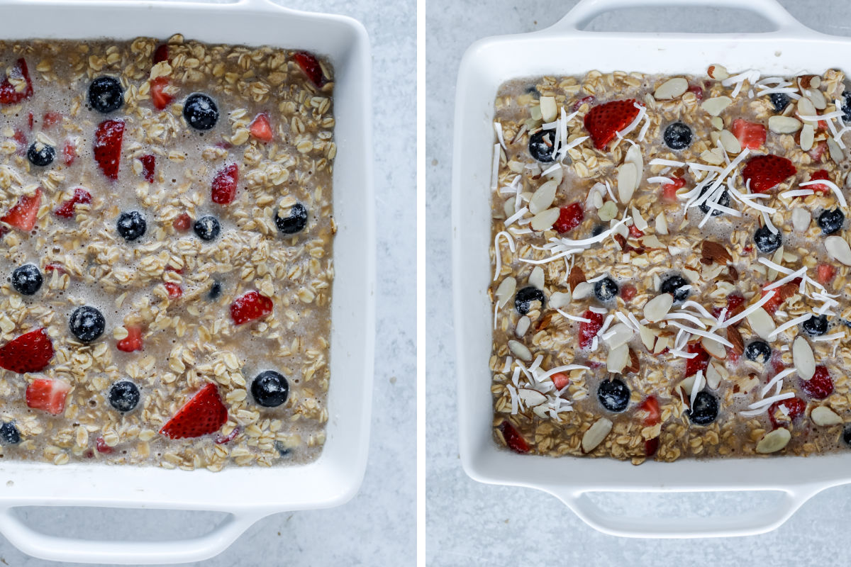The baked oatmeal wet ingredients poured into the baking dish and topped with the chosen toppings.