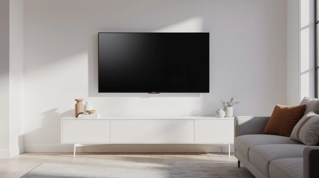 A sleek slim OLED TV is securely mounted flush against a clean white living room wall, with no visible cables, creating a clutter-free space. The installation appears professional, suggesting sturdy hardware and careful placement for a modern aesthetic.