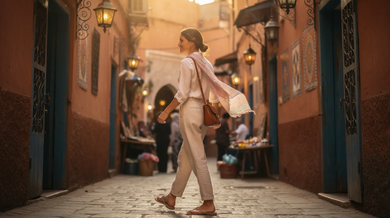 A woman is walking through a vibrant Moroccan medina, dressed in a modern outfit complemented by a light scarf. The scene captures the blend of contemporary fashion within the rich cultural backdrop of Moroccan society, showcasing the daily life of local women in this bustling environment.