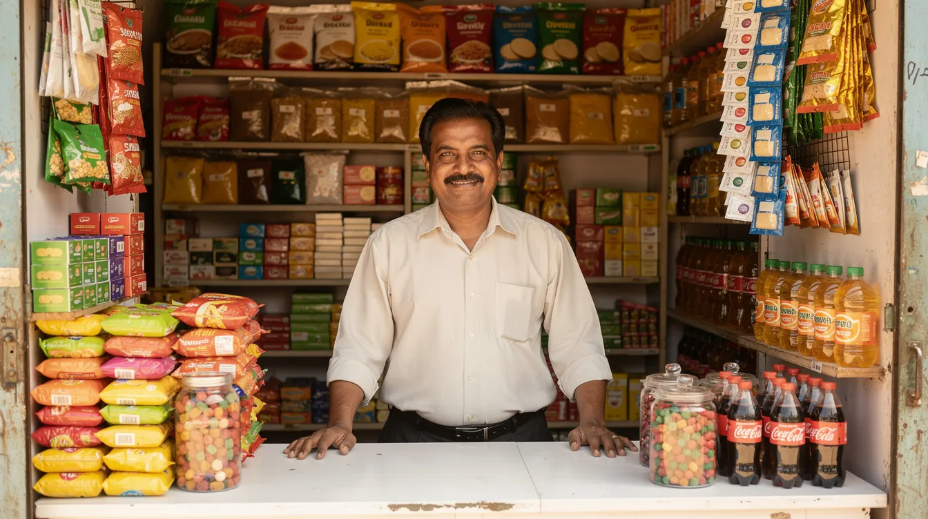 6e343fc1 59fb 4365 9c32 1a16530a606a The image shows a small Indian shop owner standing behind a counter, surrounded by neatly arranged products, reflecting the essence of small businesses. This scene highlights the importance of business viability and financial assistance options like mudra loans for local entrepreneurs.