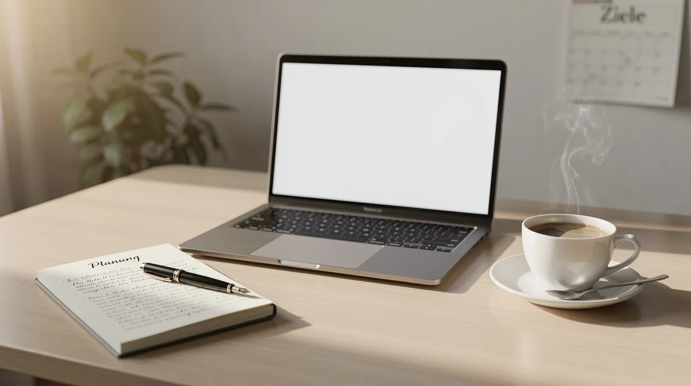 Auf dem Bild ist ein ruhiger Schreibtisch zu sehen, der mit einem Laptop, einem Notizbuch und einer Kaffeetasse dekoriert ist, was eine Atmosphäre des durchdachten Planens schafft. Diese Szene könnte für Sportwetten-Fans inspirierend sein, die ihre Strategien und Wettoptionen in einem entspannten Umfeld entwickeln möchten.