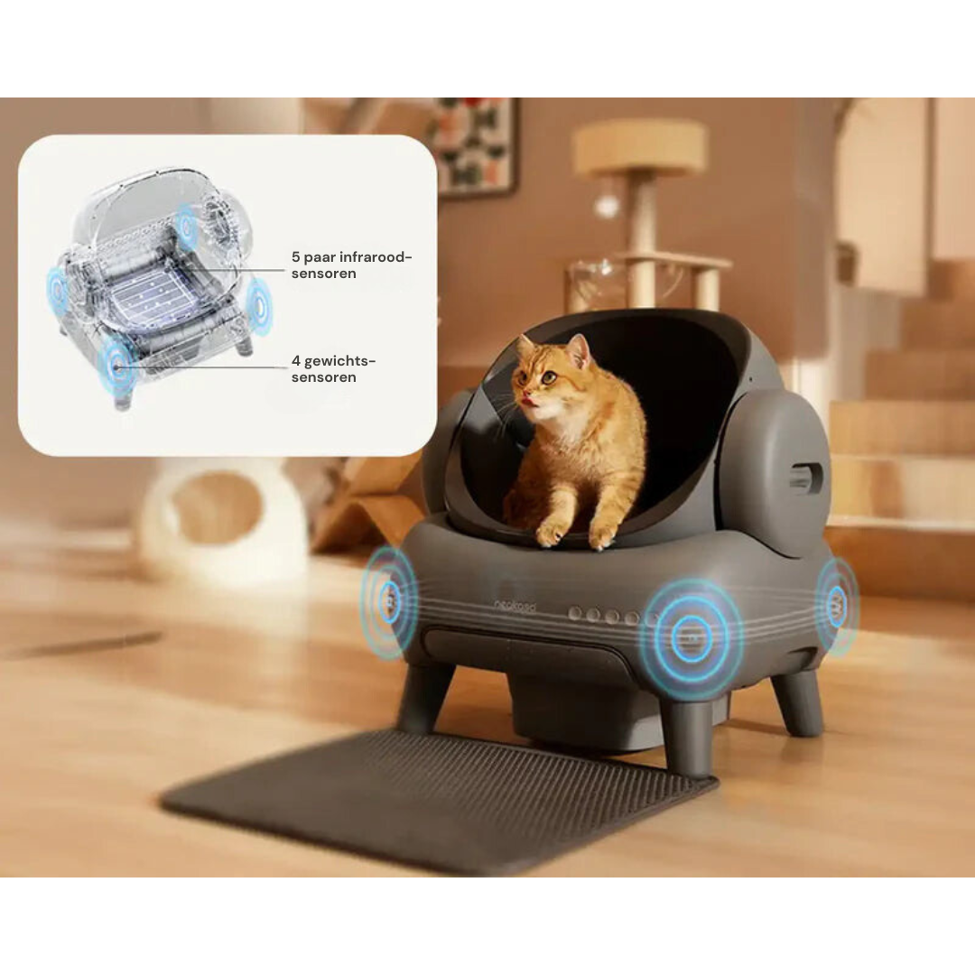 Een close-up van de automatische zeefwerking van een robot kattenbak.