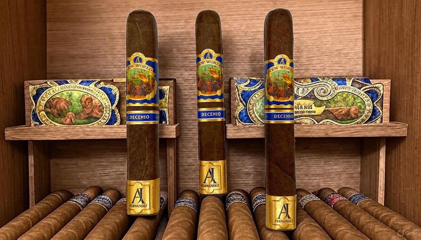 Product lineup of New World Decenio Toro and Robusto cigars.
