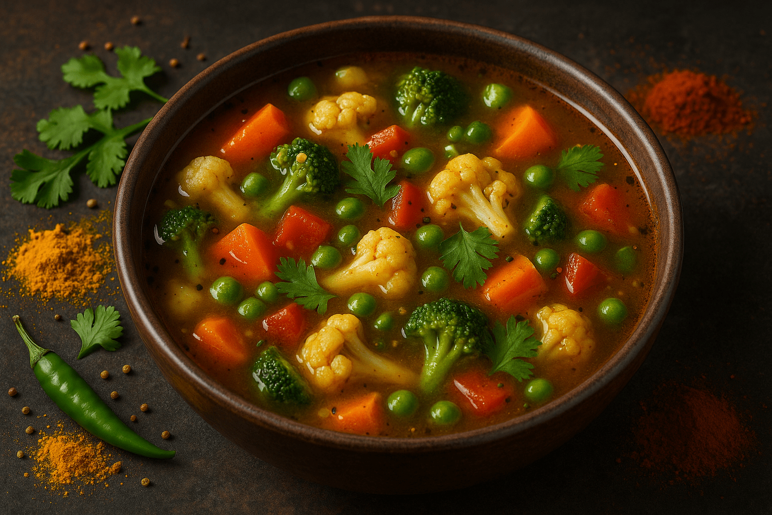 Vegetable Soup with Fresh Vegetables and Aromatic Indian Spices