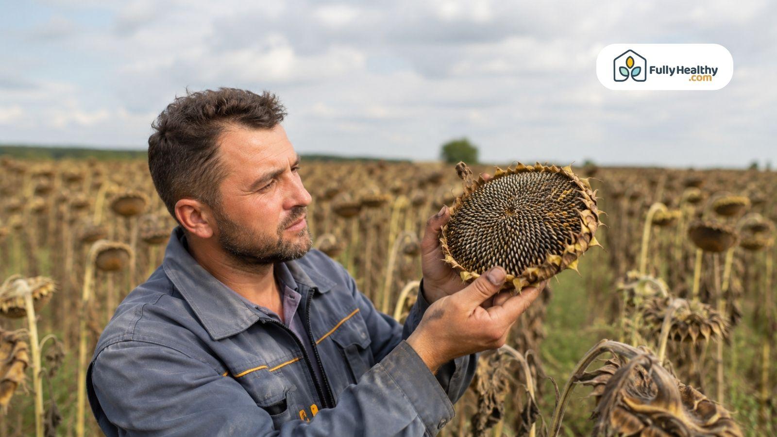 Farmer inspecting a mature sunflower head before harvesting sunflower seeds.