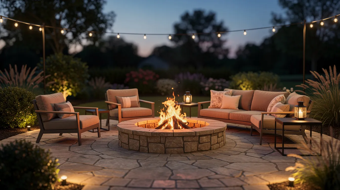 The image depicts a completed natural stone patio featuring a built-in fire pit, surrounded by comfortable outdoor seating, all illuminated by soft lighting at dusk. This inviting outdoor space highlights the excellence of landscape construction, perfect for gatherings and relaxation.