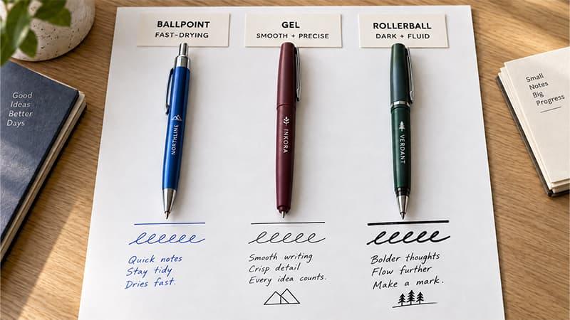 Ballpoint, gel, and rollerball pens compared through writing samples showing fast-drying, smooth precise, and dark fluid ink lines.