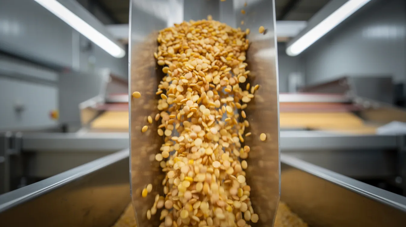 6e3bc917 f4fe 418c 91f7 27829a1f9c6e A close-up view captures golden toor dal grains cascading through a metal chute within an advanced optical sorting machine, illuminated by bright LED lights. This color sorter technology ensures the removal of foreign materials and defects, enhancing the quality and uniformity of pulses for various industries.