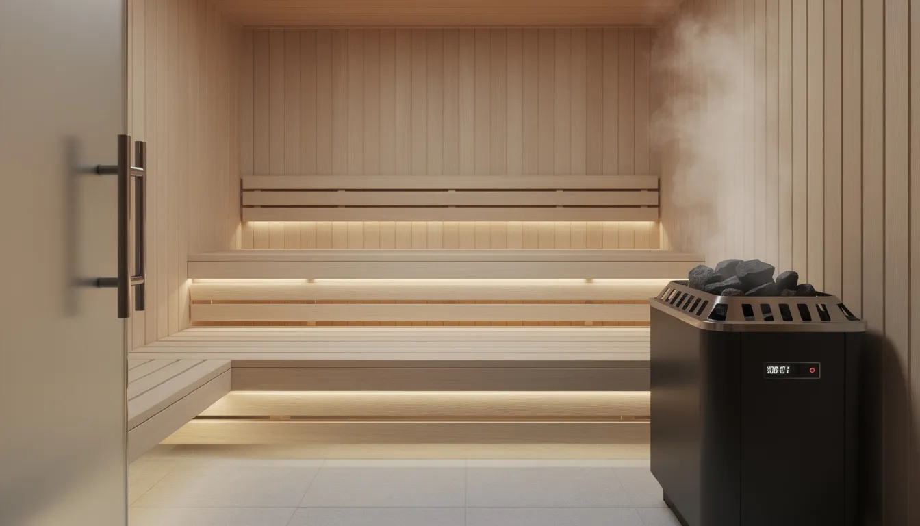 The image depicts a modern luxury sauna room featuring sleek wooden benches and a clean, minimalist design, emphasizing a relaxing environment. This low EMF sauna utilizes infrared technology, promoting potential health benefits while reducing electromagnetic field exposure during sauna sessions.