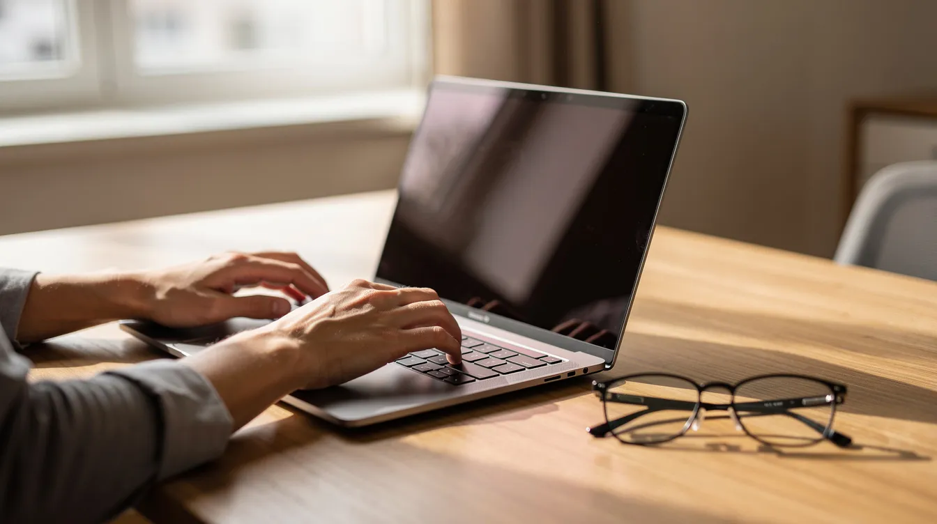 Uma pessoa está usando um notebook em um ambiente bem iluminado, com óculos sobre a mesa. A cena sugere um momento de trabalho ou estudo, enfatizando a importância do conforto na visão e o uso de lentes adequadas.