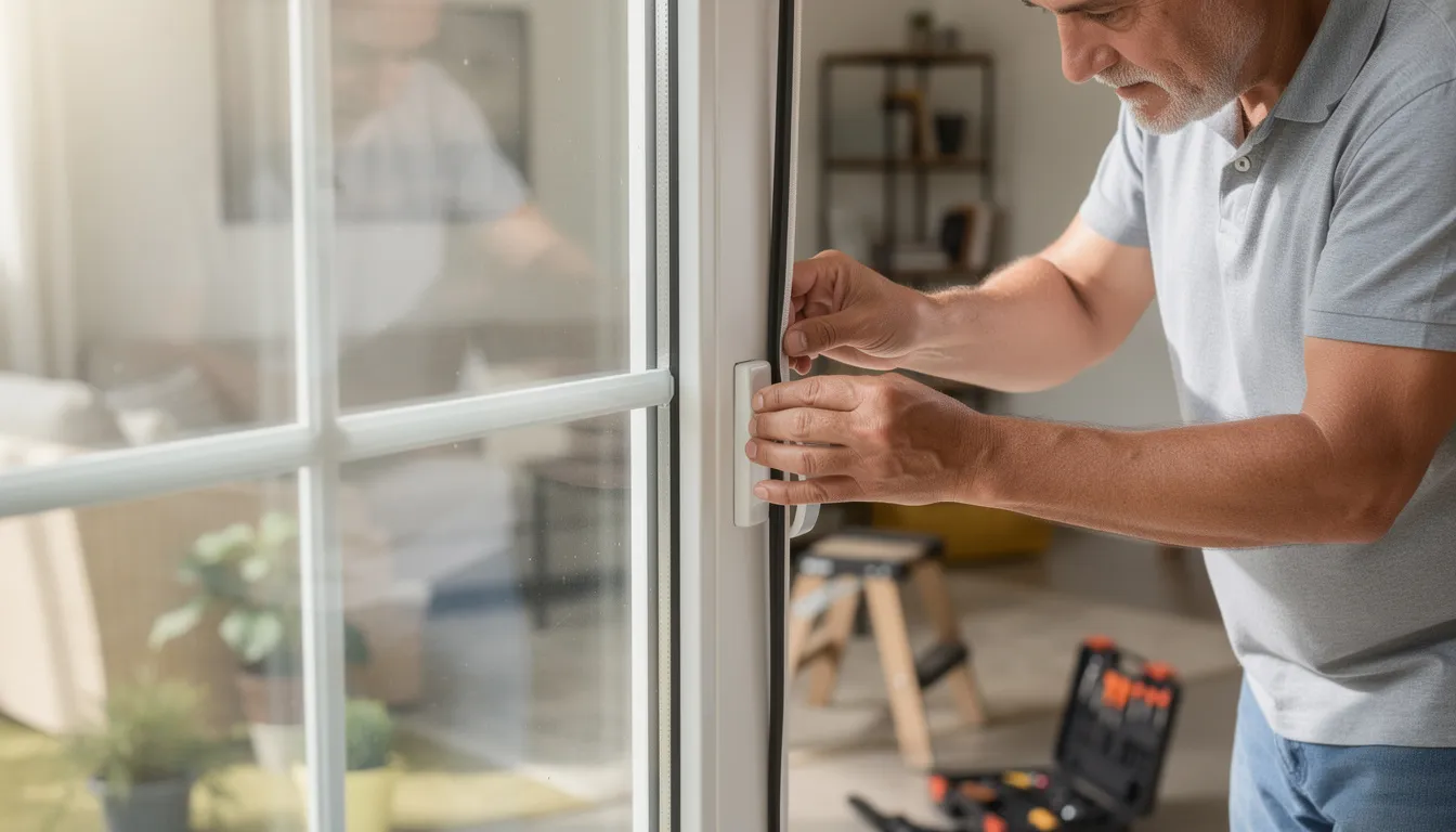 A homeowner is inspecting the weatherstripping on a window during a seasonal maintenance check to ensure it is in good shape, helping to prevent air leaks and reduce energy consumption. This maintenance task is an important step in improving the home's energy efficiency and lowering heating costs.
