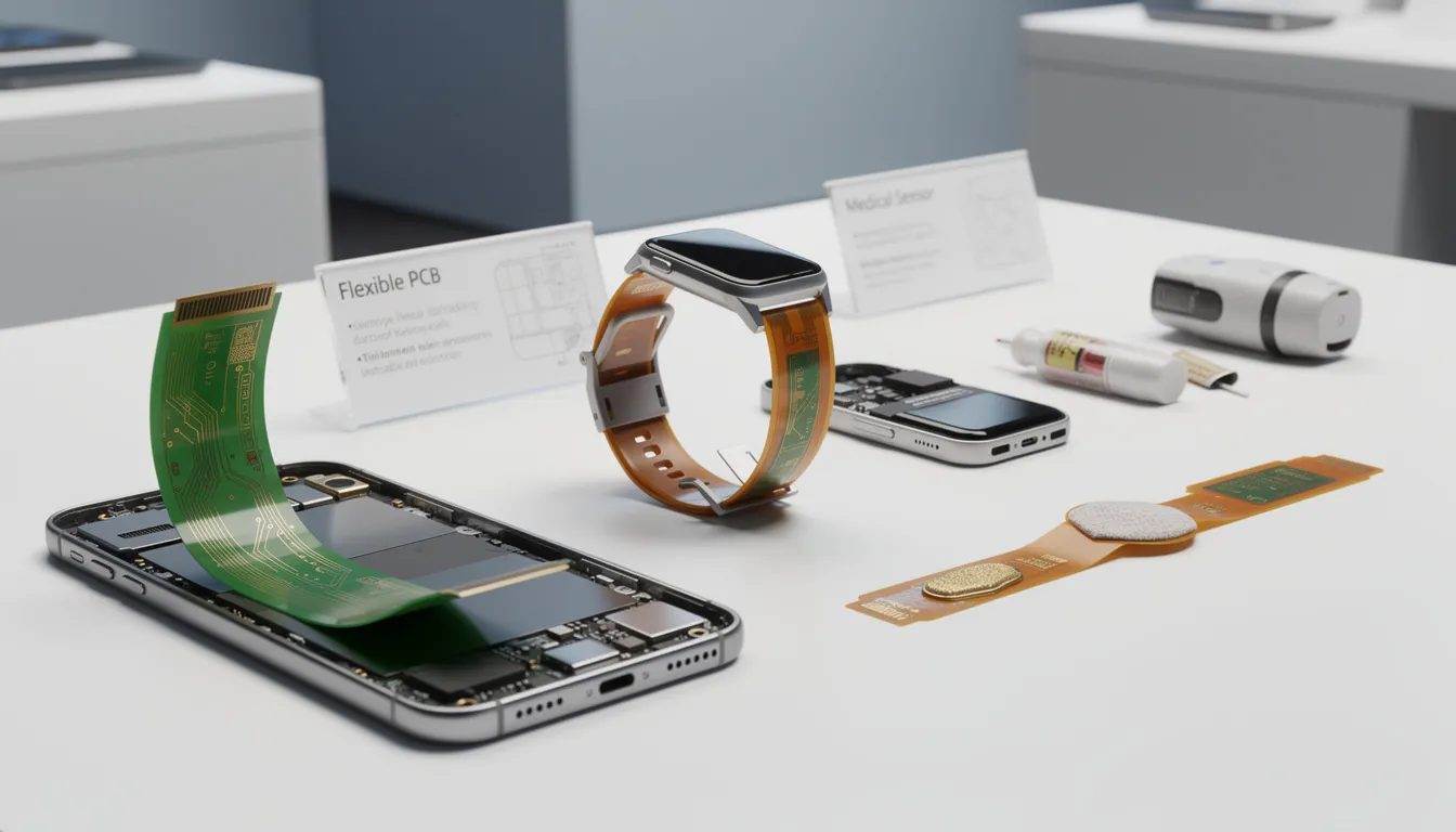 The image showcases various electronic devices, including smartphones, wearables, and medical devices, all utilizing advanced flexible PCB applications. These devices highlight the benefits of flex circuits and rigid flex PCBs, emphasizing their lightweight design, increased reliability, and high performance in modern technology.
