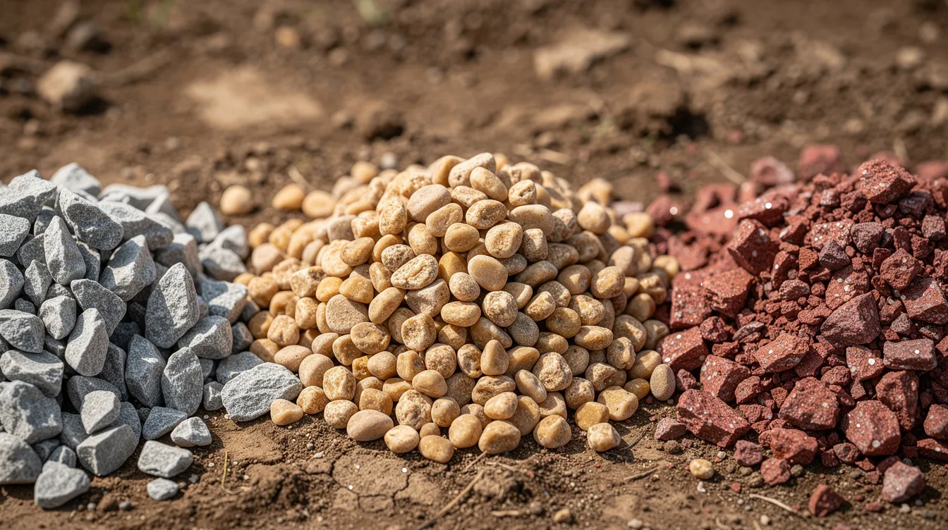 The image shows a close-up view of various small piles of crushed stone types, including gray crushed limestone, tan pea gravel, and reddish crushed granite, all resting on bare soil. This assortment of materials is commonly used for landscaping, driveways, and drainage projects, highlighting the diversity of crushed stone options available. cost of crushed stone per ton