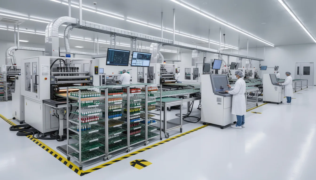 The image depicts a modern electronics manufacturing facility equipped with advanced PCB production equipment, showcasing the process of creating rigid flex PCBs and flexible circuits. The environment highlights the precision and technology involved in manufacturing high-performance printed circuit boards for various industries, including automotive and consumer electronics.
