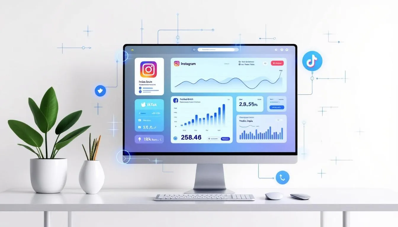 A computer screen displaying various social media platforms, emphasizing the importance of a strong online presence for plastic surgeons.