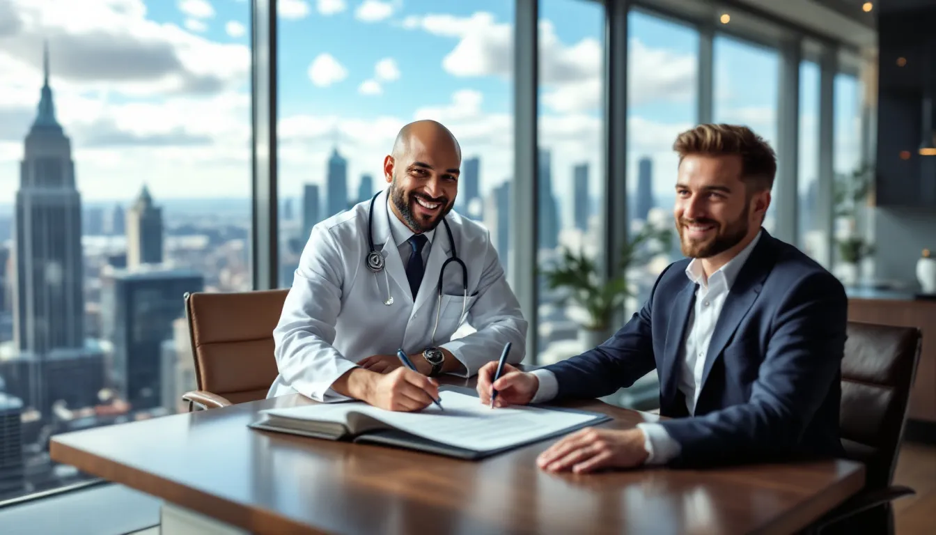 A physician is shown receiving approval for a medical practice loan, aimed at expanding their healthcare practice and business ownership. The scene highlights the importance of business financing for medical professionals to acquire the latest medical equipment and improve cash flow in their existing practice.