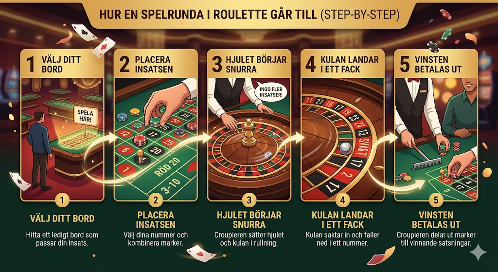 Hur man spelar roulette steg för steg – spela roulette online genom att välja bord, satsa marker, snurra roulettehjulet och vänta på att kulan landar i ett nummer