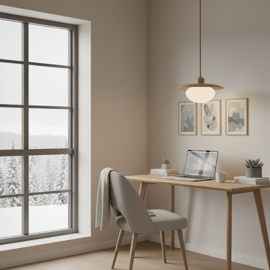 Minimal pendant desk light illuminating a Nordic style home office by 7Pandas.