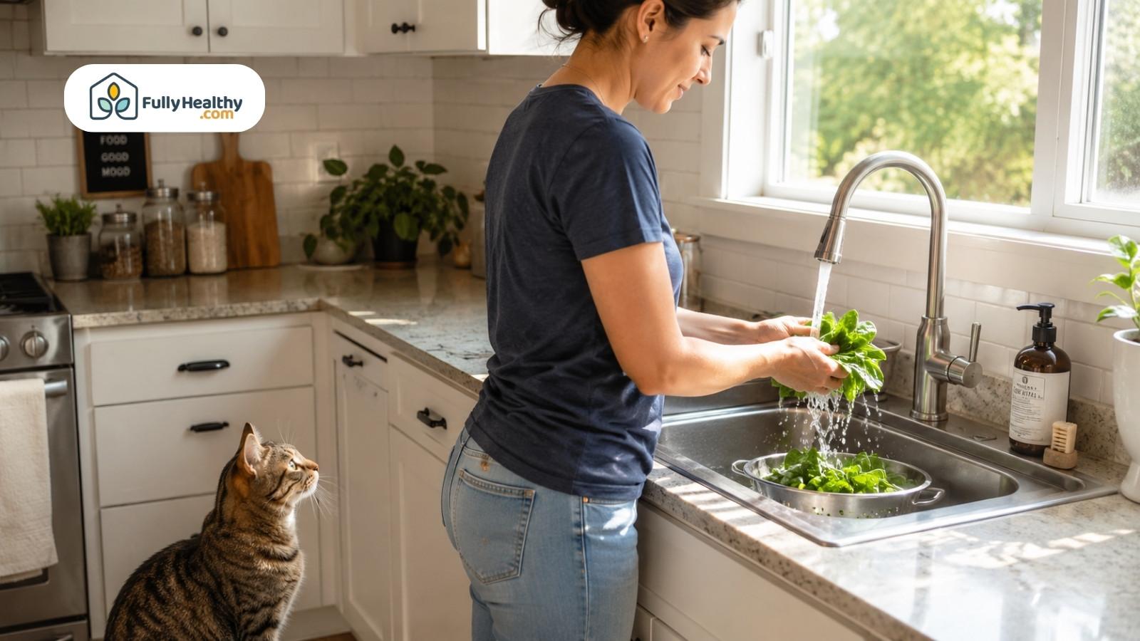 Cat watches owner washing fresh spinach under running kitchen sink water